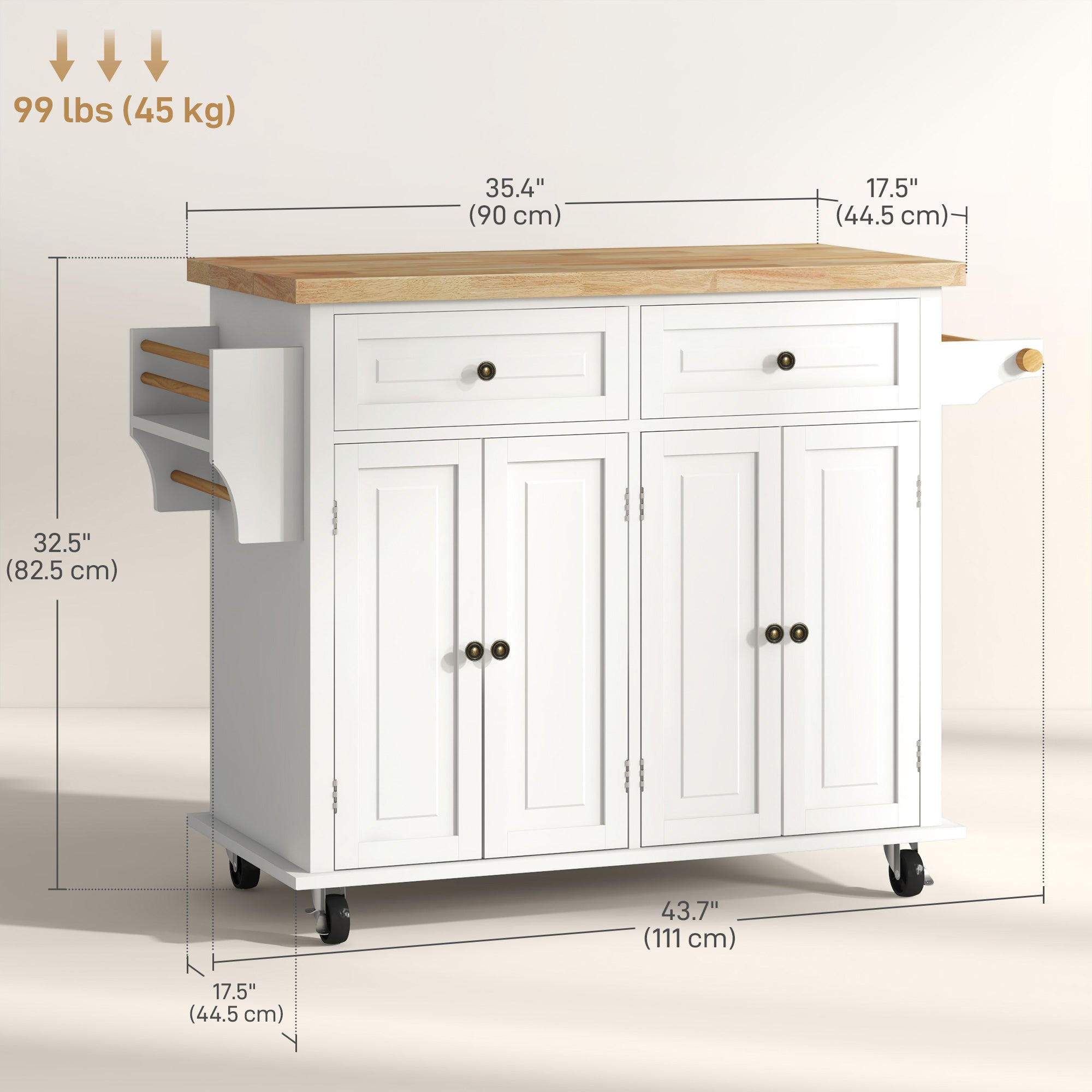 Kitchen Island with Storage, Rolling Trolley Cart with Rubber Wood Top, Spice Rack, Towel Rack, Cream White Kitchen Islands & Kitchen Carts   at Gallery Canada