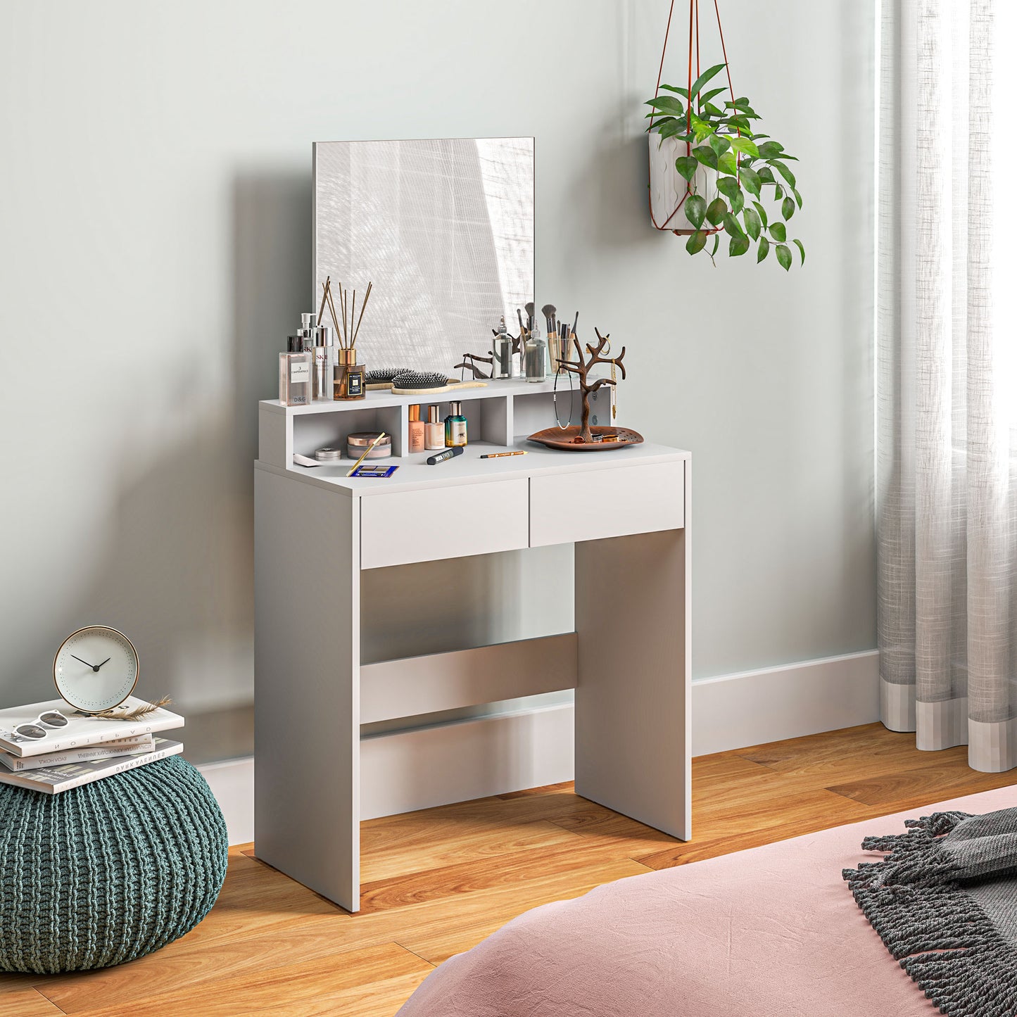 Makeup Vanity Desk with Mirror, for Bedroom, Modern Dressing Table with Drawers, Compartments, White Dressing & Vanity Tables   at Gallery Canada