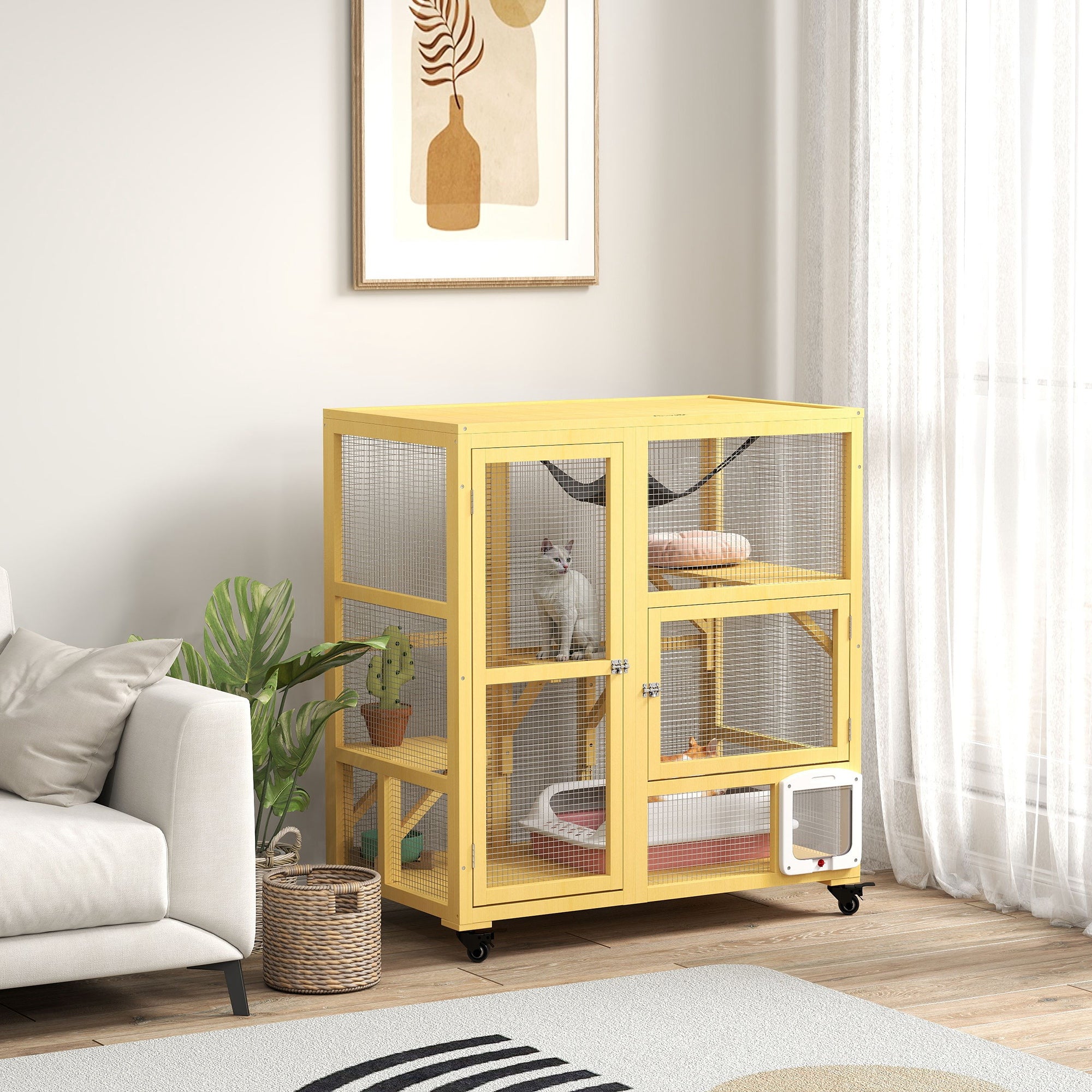 Cat Condo Wooden Indoor Cat House on Wheels with Cat Flap Door Platforms Hammock Openable Top for 2 Cats, Yellow Outdoor Cat Enclosures at Gallery Canada