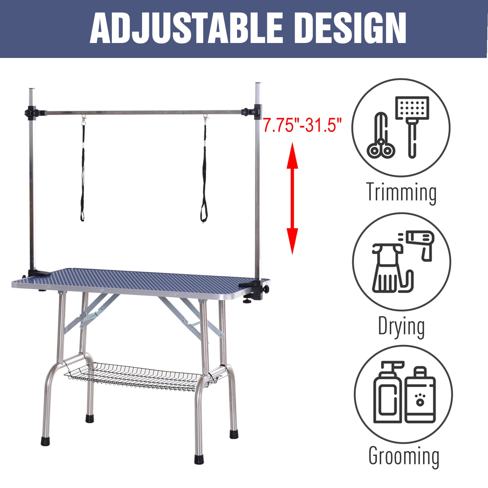 Adjustable Dog Grooming Table Rubber Top 2 Safety Slings Mesh Storage Basket Heavy Metal Blue 42.25