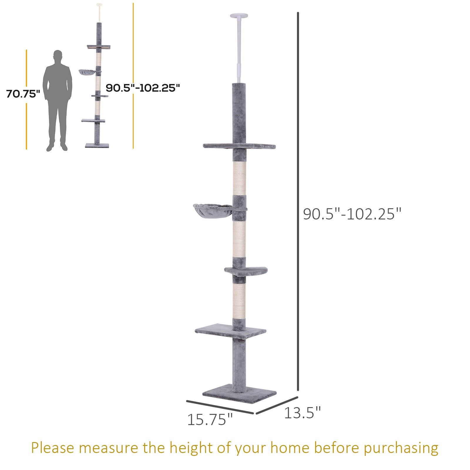 8.5ft Cat Climbing Tree 5-Tier Cat Activity Center Floor-to-Ceiling Cat Climber Toy with Scratching Post Play Rest Post Pet Furniture Grey Floor to Ceiling Cat Trees at Gallery Canada