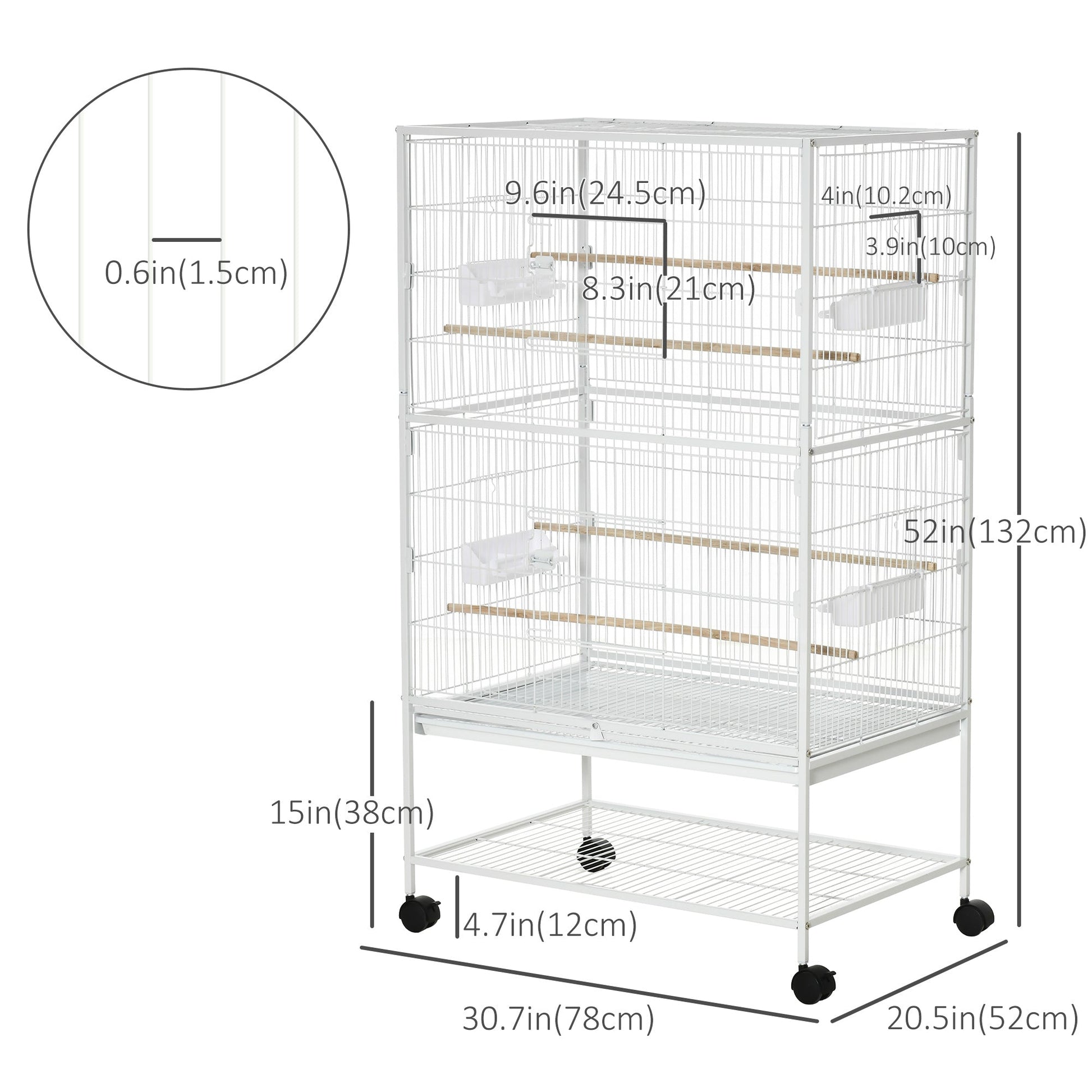 52" Large Rolling Steel Bird Cage Bird House with Rolling Stand, Storage Shelf, Wood Perch, Food Container, White Bird Cages   at Gallery Canada