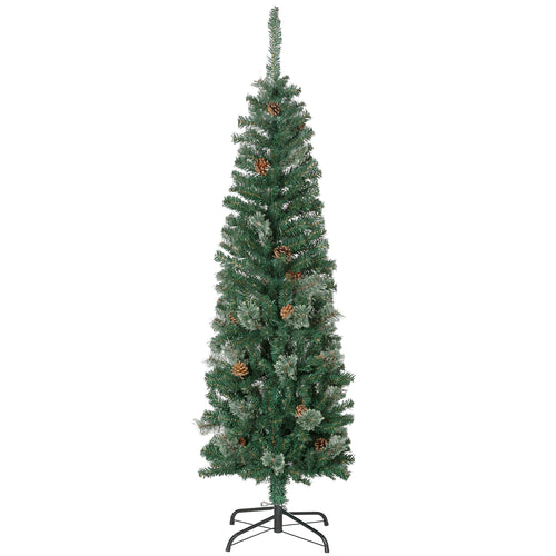 5ft Pencil Christmas Tree, Artificial Christmas with Pine Needles, Realistic Branches, Pine Cones, Metal Base, Green