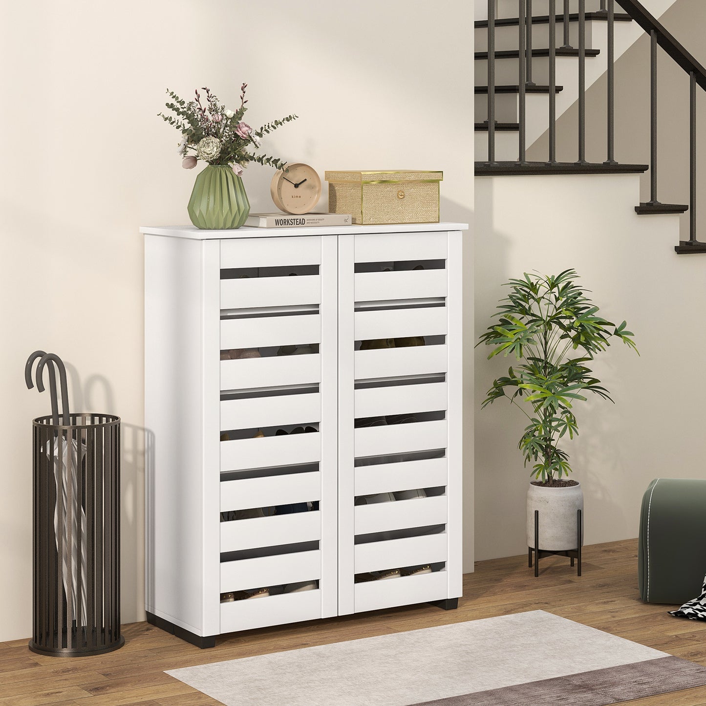 Shoe Storage Cabinet, Shoe Cabinet with 2 Slatted Doors for 15 Pairs of Shoes, White Shoe Storage Cabinets & Racks   at Gallery Canada