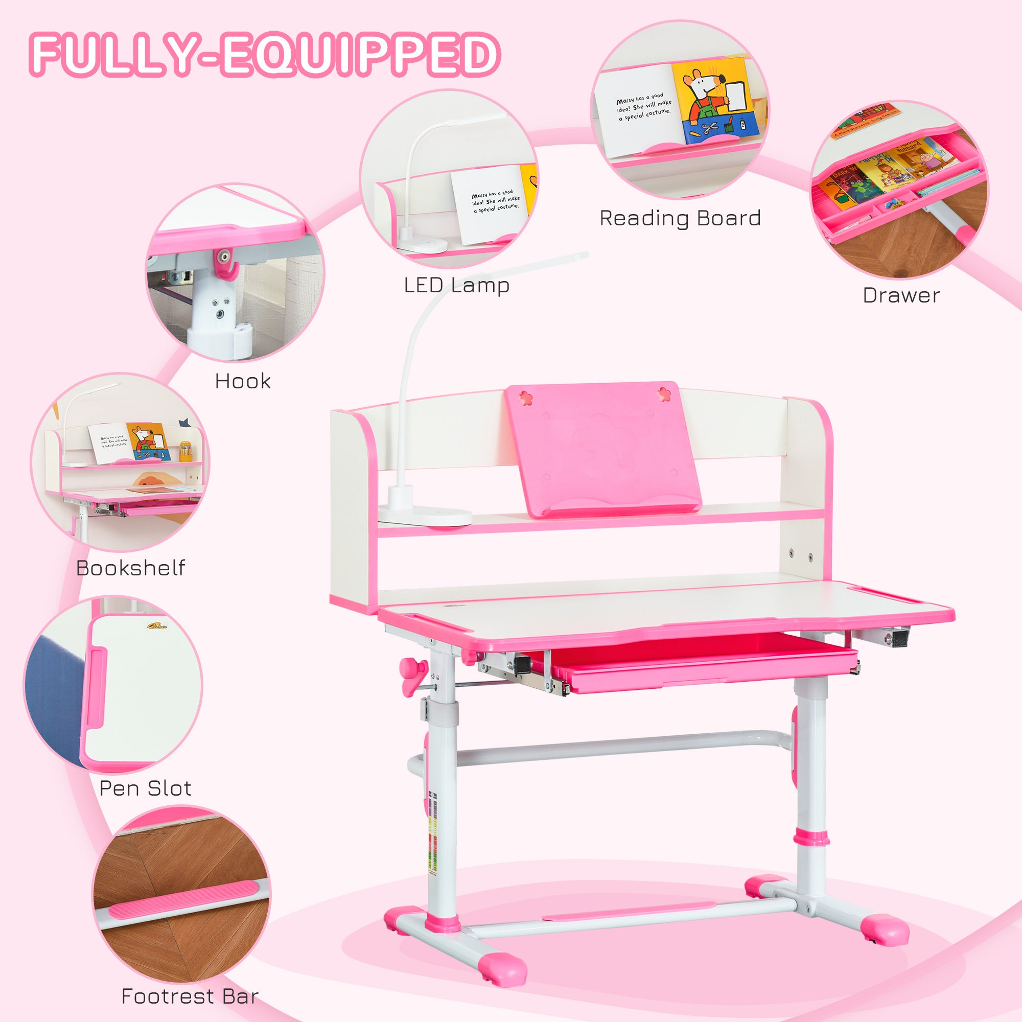 Kids Desk and Chair Set Height Adjustable Student Writing Desk Children School Study Table with LED Lamp, Bookshelf, Drawer, Reading Board, Pen Slot, Hook, Pink Kids Desk Sets at Gallery Canada