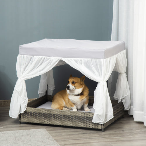 Wicker Dog Bed for Indoor Outdoor, Elevated Pet Sofa, Rattan Cat Bed for Garden Patio, Weatherability Roof for Medium-Sized Dogs, Grey