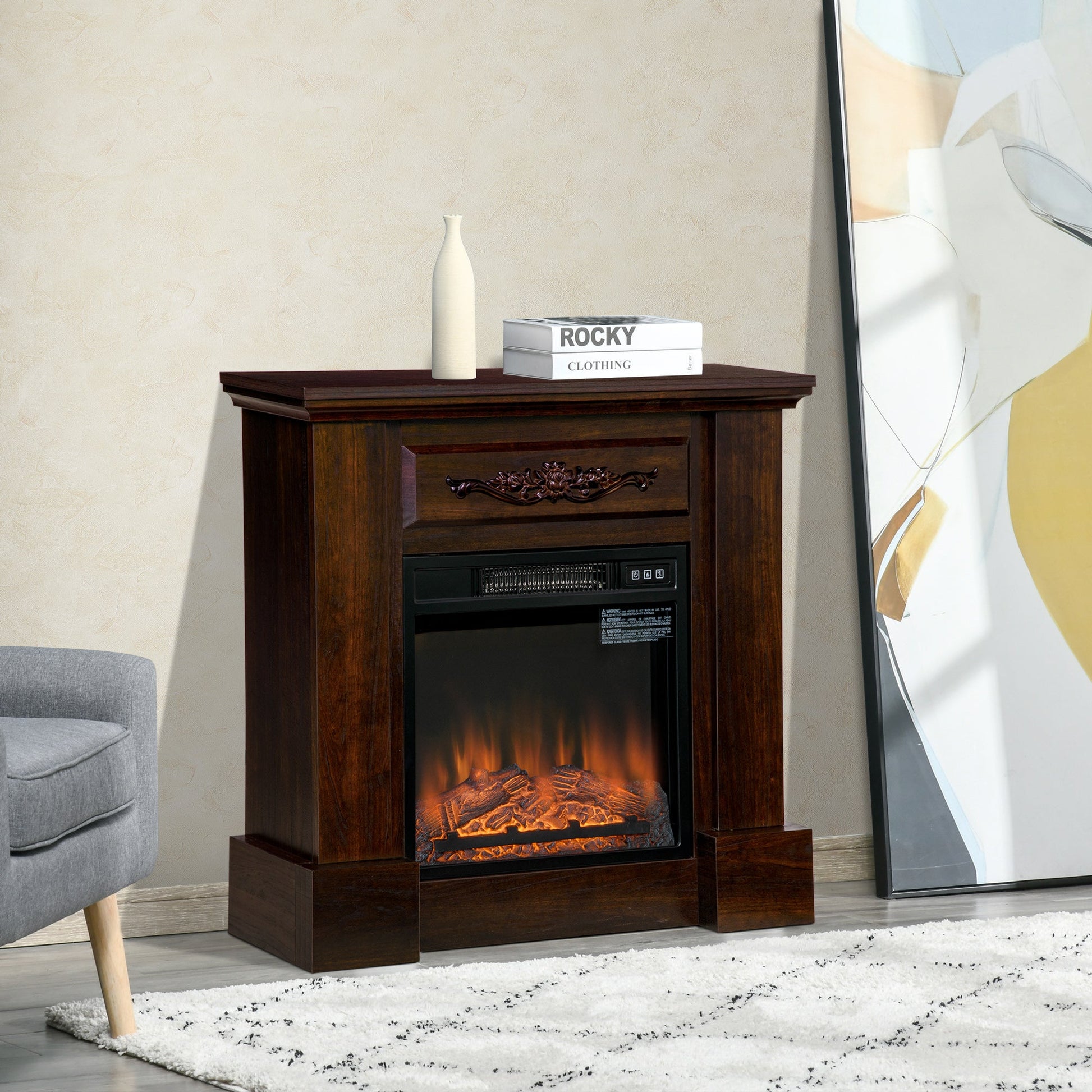 Electric Fireplace with Mantel, Freestanding Heater Corner Firebox with Log Hearth and Remote Control, 1400W, Brown Electric Fireplaces   at Gallery Canada