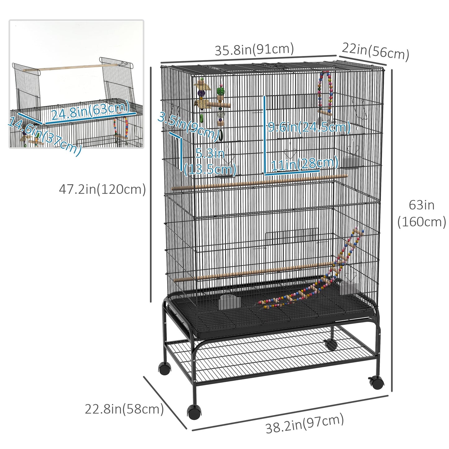 63" Bird Cage w/ Open Top for Budgies, Cockatiels, Lovebirds Finches, Stand, Toys, Removable Tray, Storage Shelf Bird Cages   at Gallery Canada