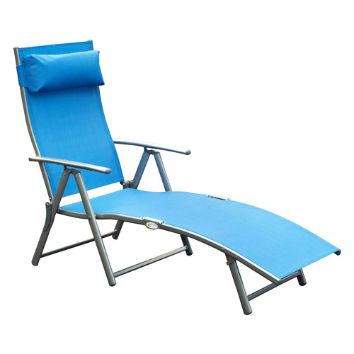 Heavy-Duty Adjustable Reclining Outdoor Sun Lounger with Pillow, 7 Positions, Blue