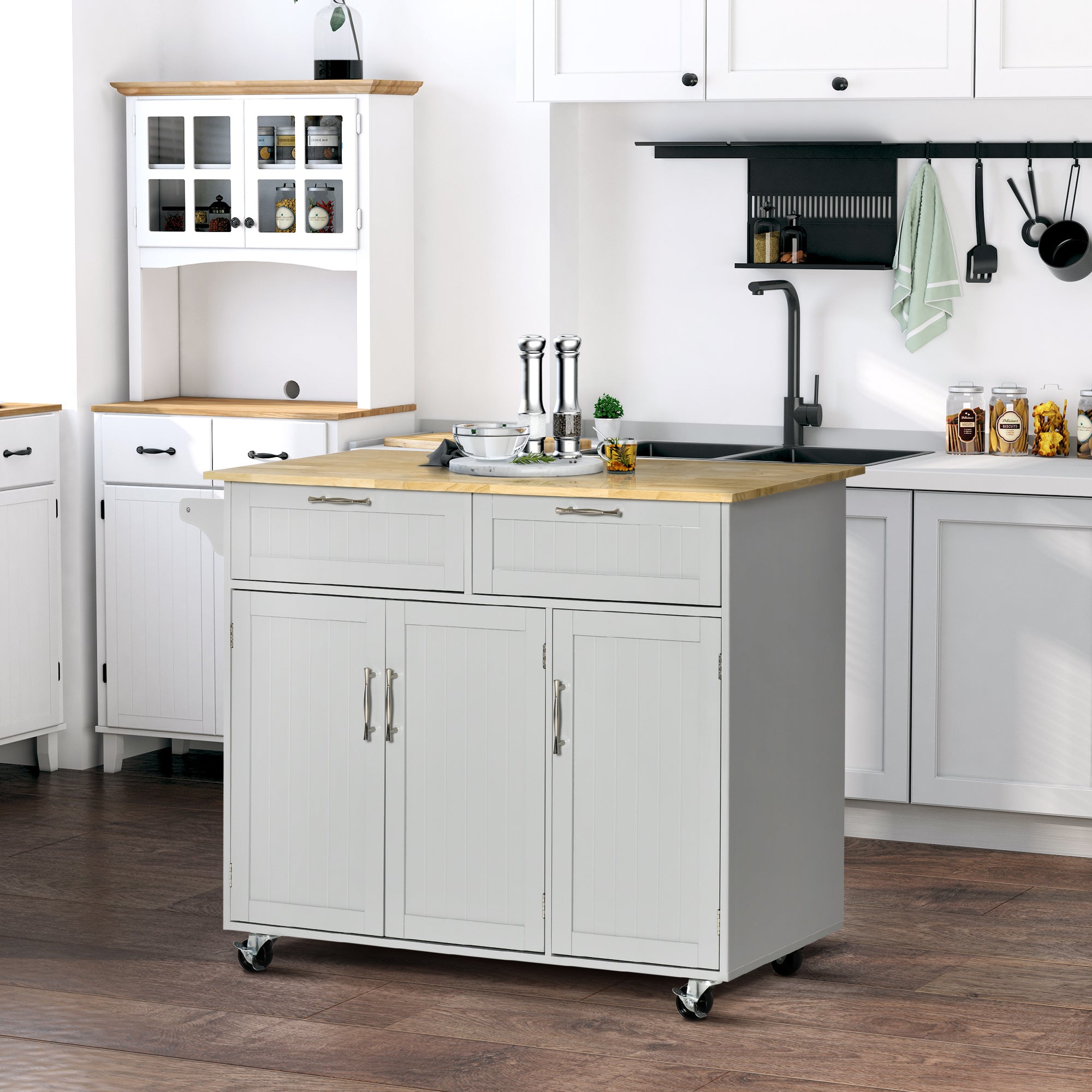 Rolling Kitchen Island, Kitchen Cart on Wheels with 2 Storage Drawers and Cabinets for Dining Room, Grey Kitchen Islands & Kitchen Carts   at Gallery Canada