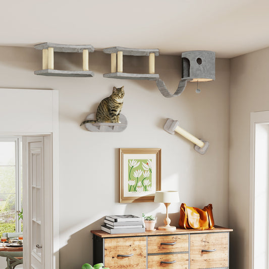 4 Piece Cat Wall Shelves with Scratching Post, Ladder, Condo, Jumping Platforms, Light Grey Cat Climbing Wall at Gallery Canada