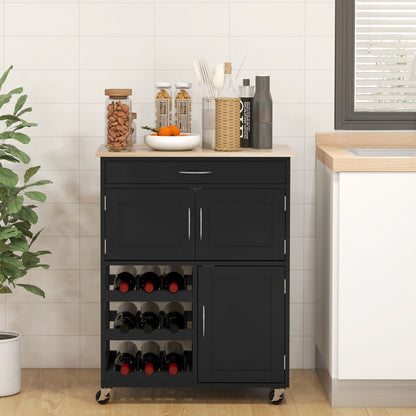 Rolling Kitchen Cart, Kitchen Island with Storage Drawer, 9-bottle Wine Rack, Door Cabinets, Wooden Countertop, Black Kitchen Islands & Kitchen Carts   at Gallery Canada