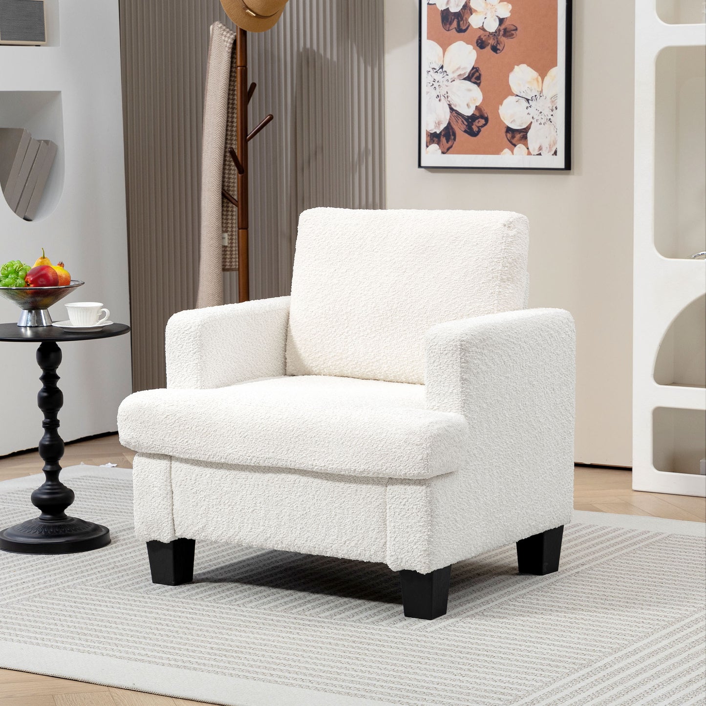 Modern Armchair, Upholstered Chenille Accent Chair with Wood Frame and Back Pillow for Living Room, Cream White Accent Chairs at Gallery Canada