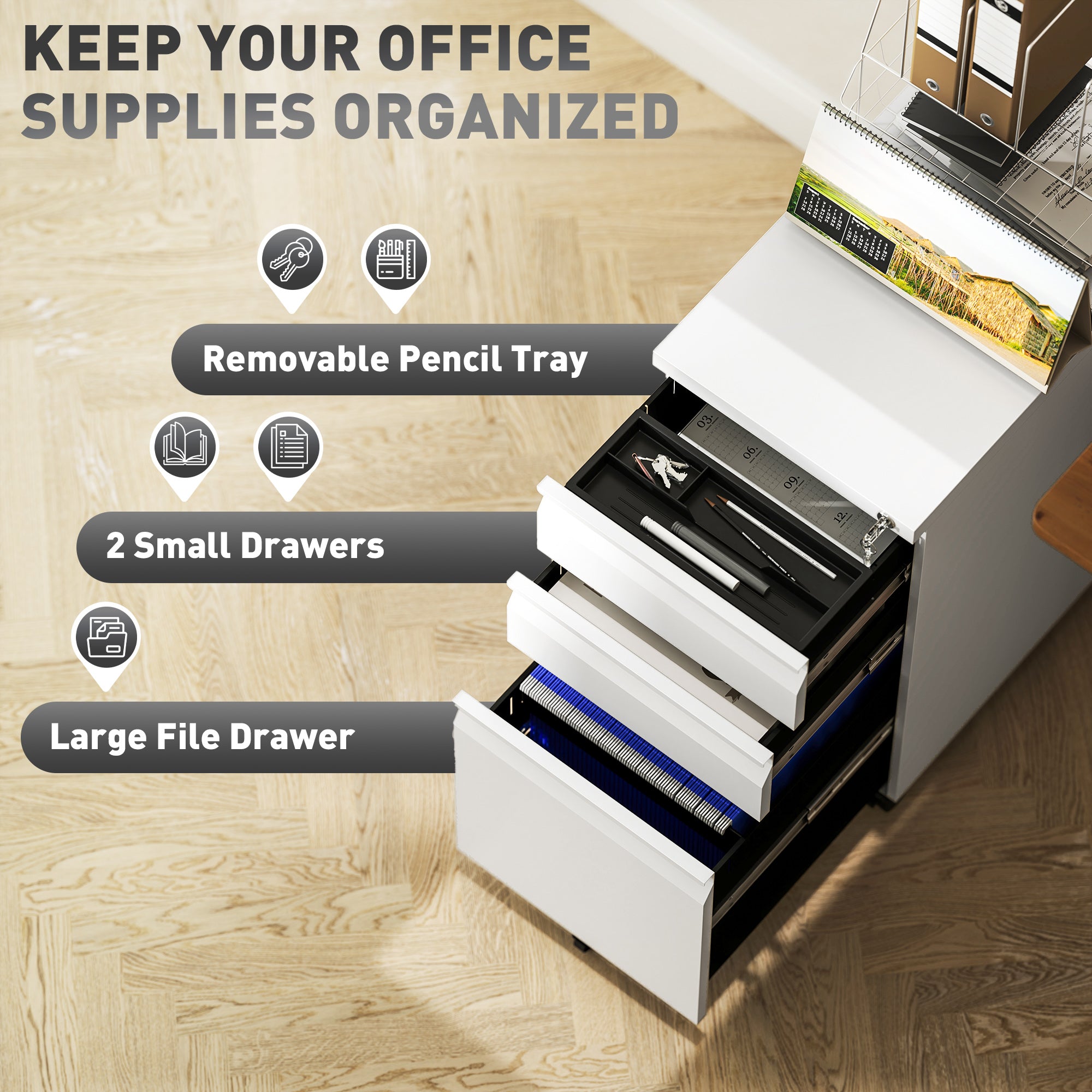 3 Drawer Filing Cabinet with Lock, Steel Office Storage Cabinet with Hanging Bar for A4, Legal, Letter Files, White Office Cabinets & Cupboards at Gallery Canada