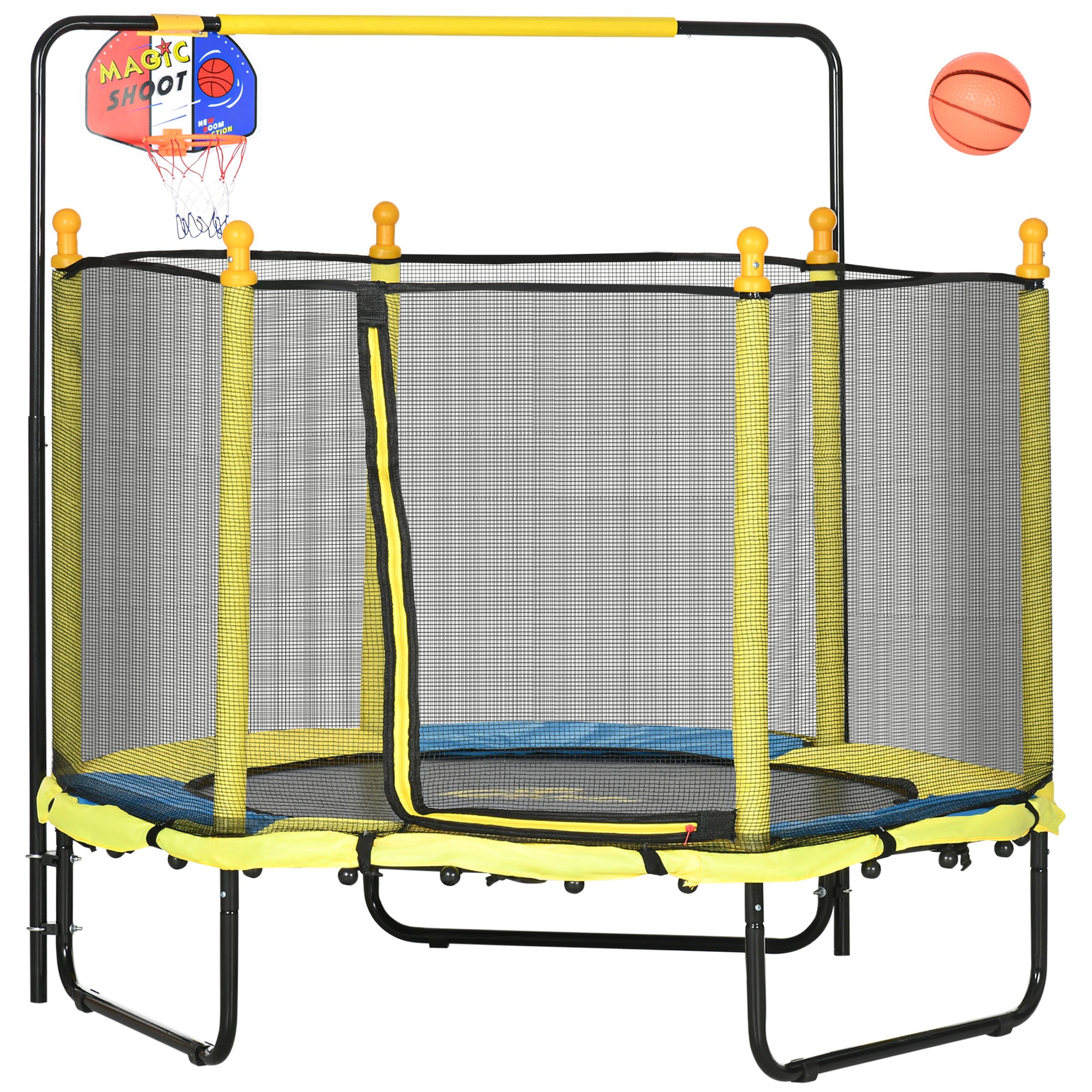 4.6ft Kids Trampoline with Basketball Hoop, Horizontal Bar with Net for Children Ages 3-10, Yellow Trampolines at Gallery Canada