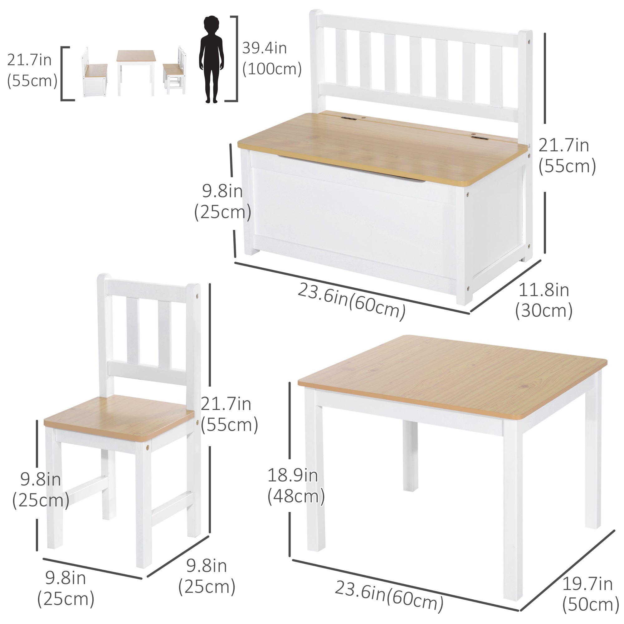 4-Piece Set Kids Wood Table Chair Bench with Storage Function Easy to Clean Gift for Girls Boys Toddlers Age 3 Years up Natural and White Kids Table Sets   at Gallery Canada