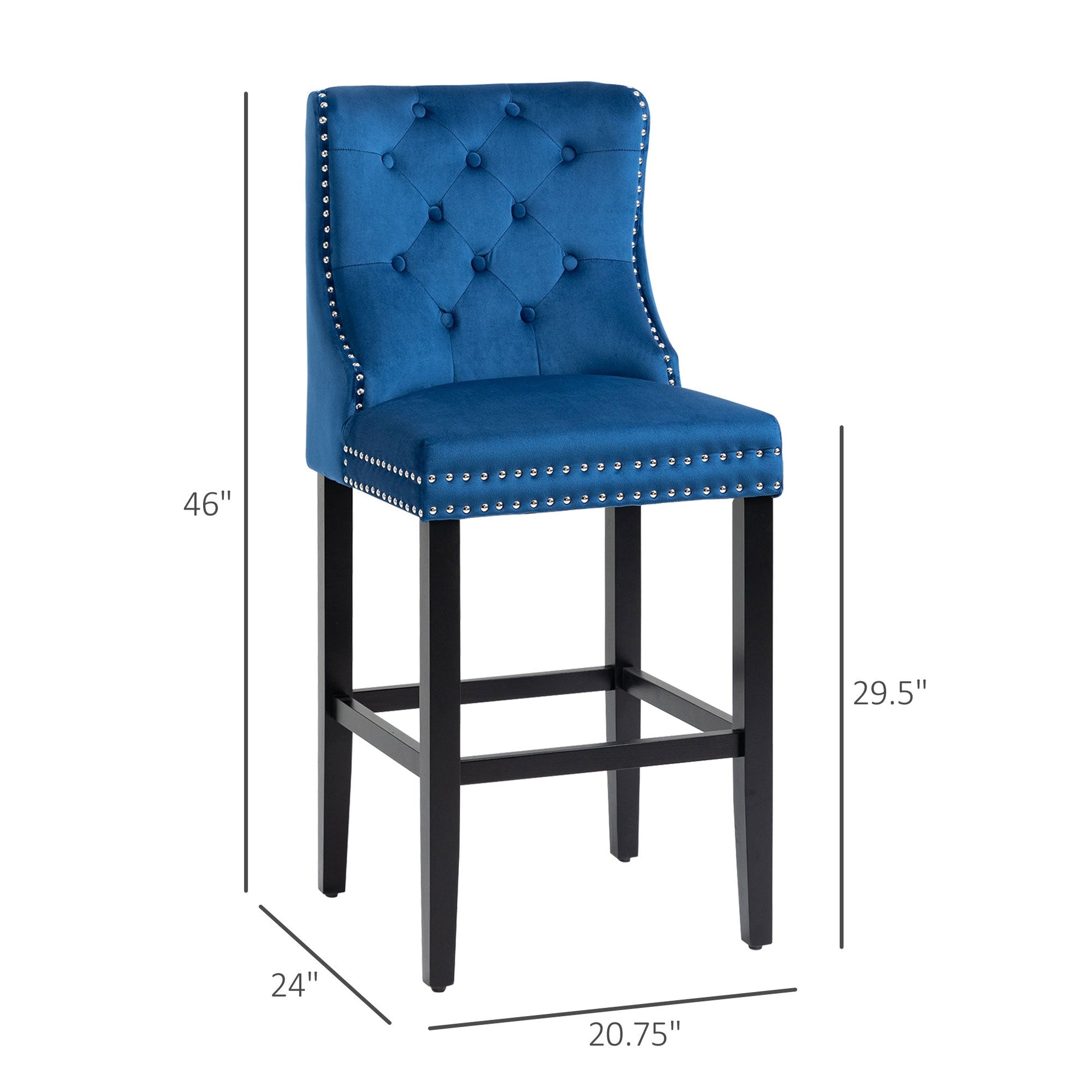 Upholstered Fabric Bar Stool Set of 2, Button Tufted 29.5" Seat Height Pub Chairs with Back &; Wood Legs, Blue - Gallery Canada
