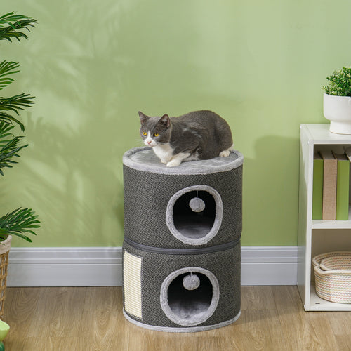 2-Story Cat Condo Barrel Tree with Top Perch, 2 Hideaways, Scratching Board, Removable Cushions, Toy Balls, Dark Grey