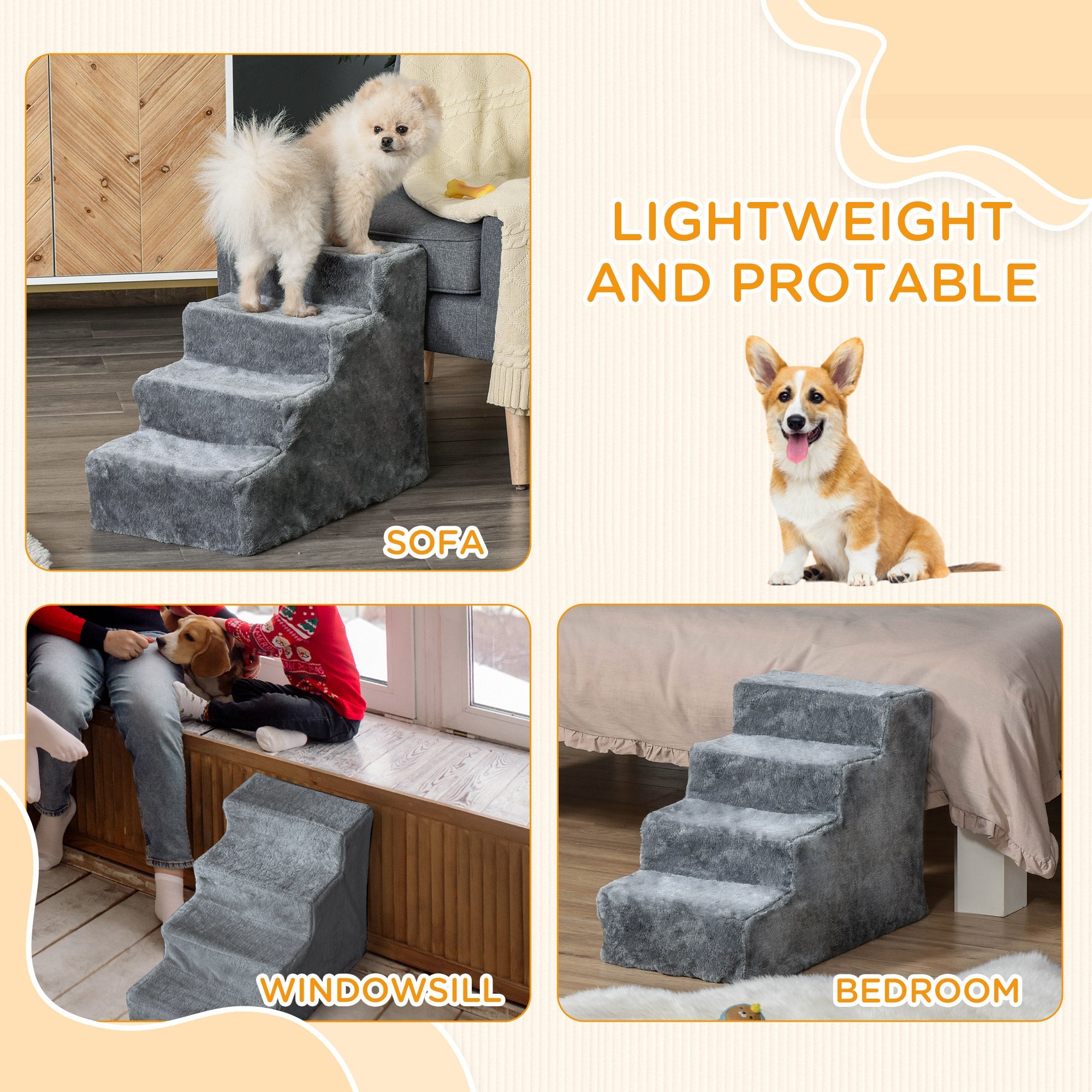 Dog Ramp for Bed Sofa Couch with Removable Cover, Light Grey Dog Stairs   at Gallery Canada