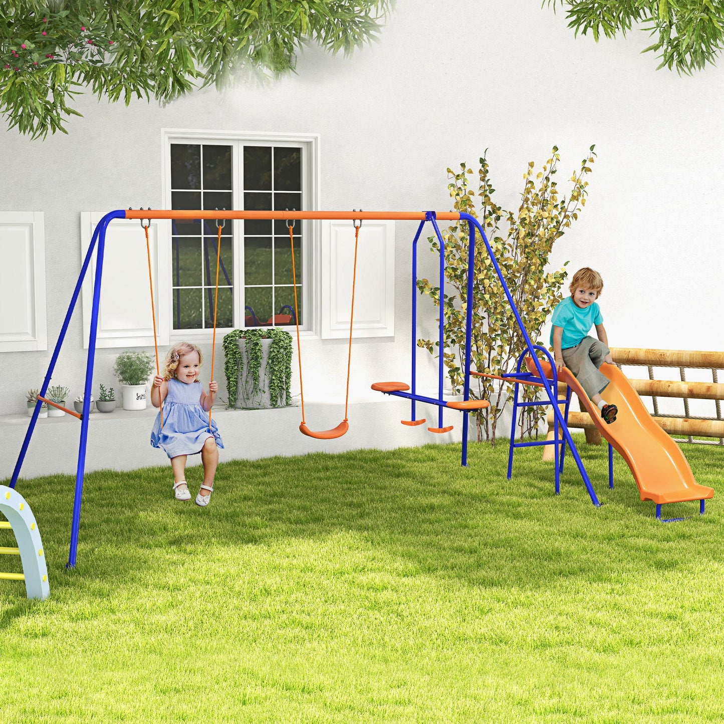 4 in 1 Metal Swing Set with Double Swings, Glider, Slide, Ladder for Backyard, Outdoor, Playground, Multicoloured Gym Sets & Swings   at Gallery Canada