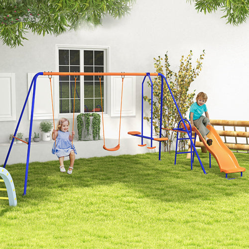 4 in 1 Metal Swing Set with Double Swings, Glider, Slide, Ladder for Backyard, Outdoor, Playground, Multicoloured