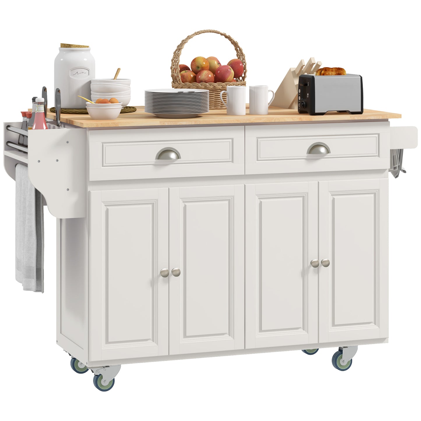 Kitchen Island with Storage, Rolling Kitchen Island with Drop Leaf, Rubber Wood Top and Adjustable Shelves, Cream White Kitchen Islands & Kitchen Carts at Gallery Canada