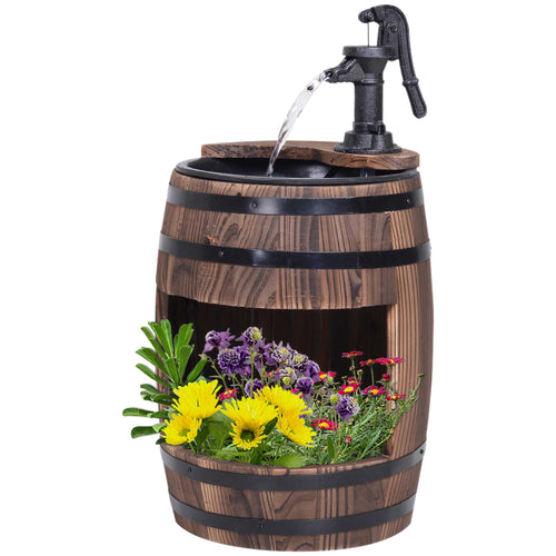 Wooden Outdoor Fountain, Electrical Barrel Waterfall with 3600r/min Speed Pump for Patio, Backyard, Carbonized