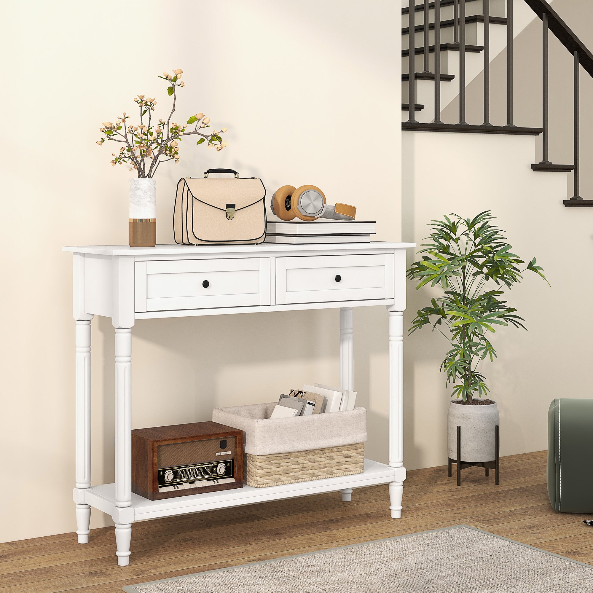 Hallway Console Table, Modern Entryway Table with 2 Drawers, Storage Shelf, Turned Legs for Living Room, Bedroom, White Console Tables at Gallery Canada