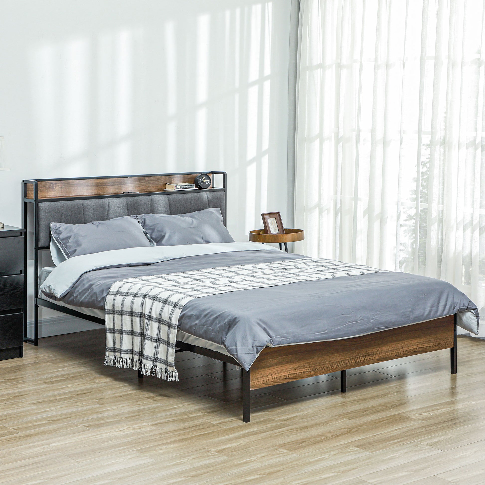 Full Size Bed Frame with Charging Station, Full Bed Frame with Upholstered Headboard and Storage Shelf, Walnut Bed Frames at Gallery Canada