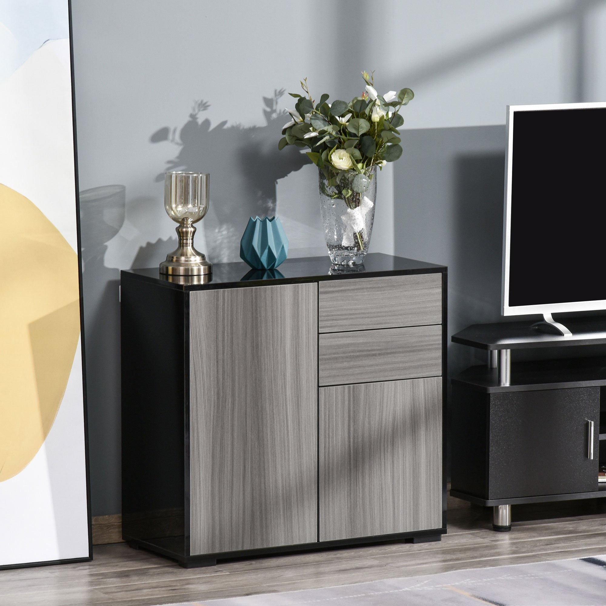 High Gloss Buffet Sideboard with 2 Drawers, 2 Doors and Adjustable Shelf, Kitchen Storage Cabinet with Push Open Design, Grey and Black Bar Cabinets at Gallery Canada