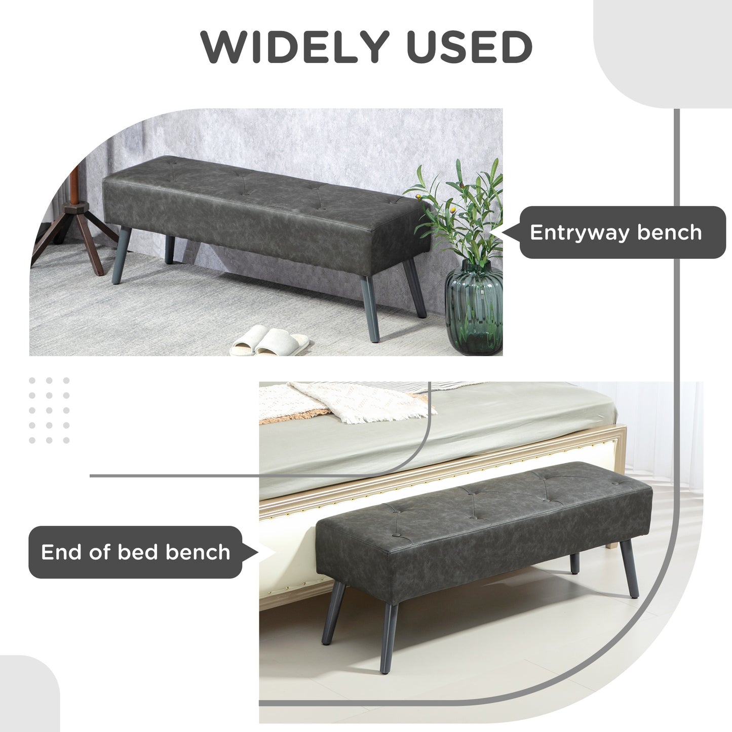 Bedroom Bench, End of Bed Bench with Button Tufted, PU Leather Upholstered Entryway Bench with Wood Legs, Grey Storage Ottomans & Benches   at Gallery Canada