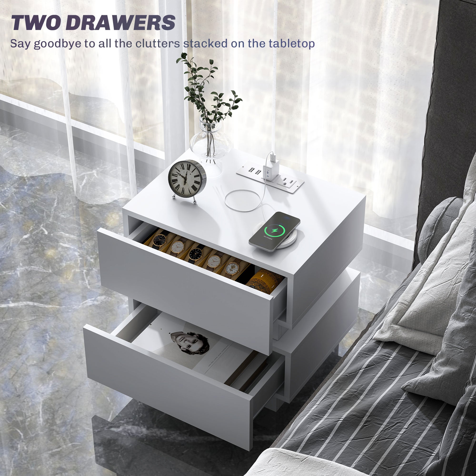 Bedside Table with Charging Station and LED Light Modern Nightstand with USB Ports AC Outlets Drawers Remote, White Bedside Tables at Gallery Canada