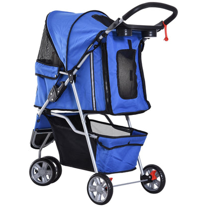 Deluxe 3 Wheels Pet Stroller Foldable Dog Cat Carrier Strolling Jogger with Brake, Canopy, Cup Holders and Bottom Storage Space (Blue) Dog Bike Trailers & Strollers   at Gallery Canada