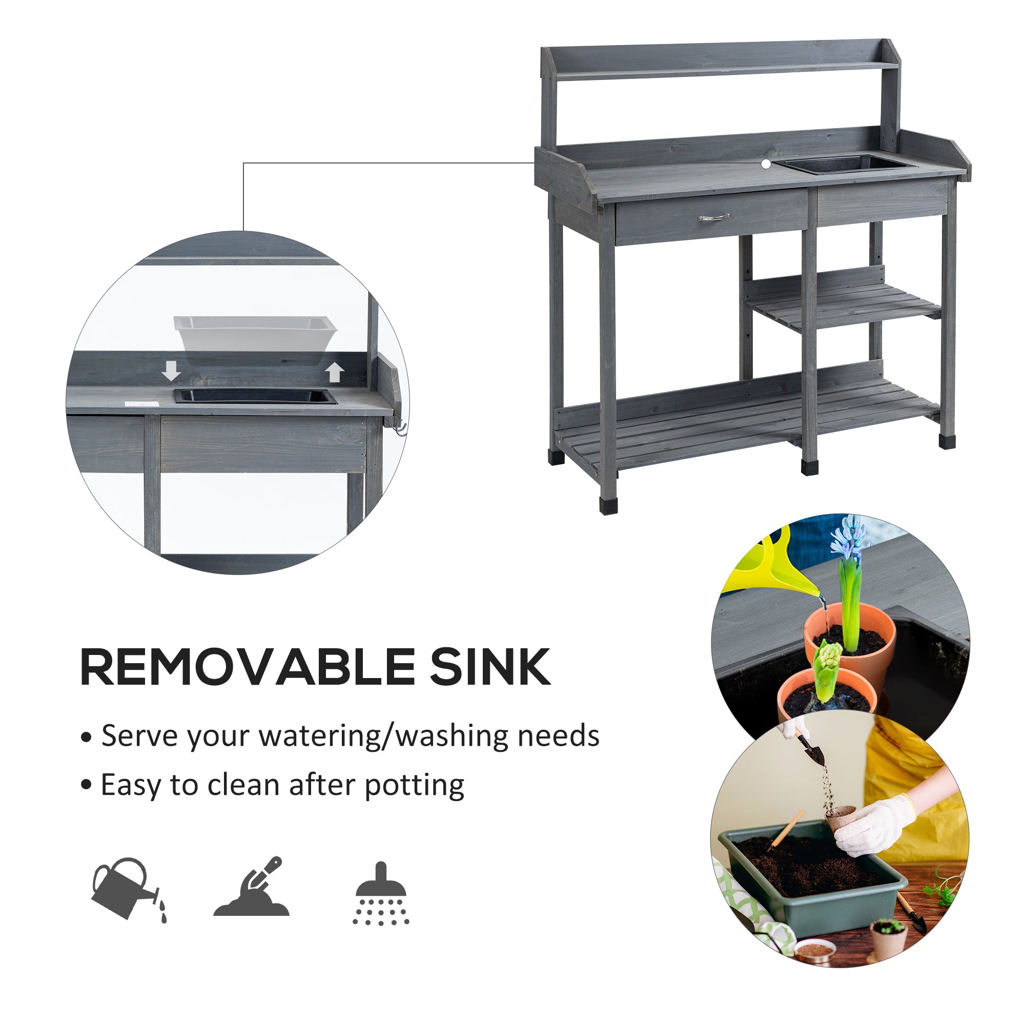 Potting Bench Table Garden Work Bench Workstation with Drawer, Removable Sink, Storage Shelves and Hooks for Patio, Courtyards, Balcony Potting Benches & Tables at Gallery Canada