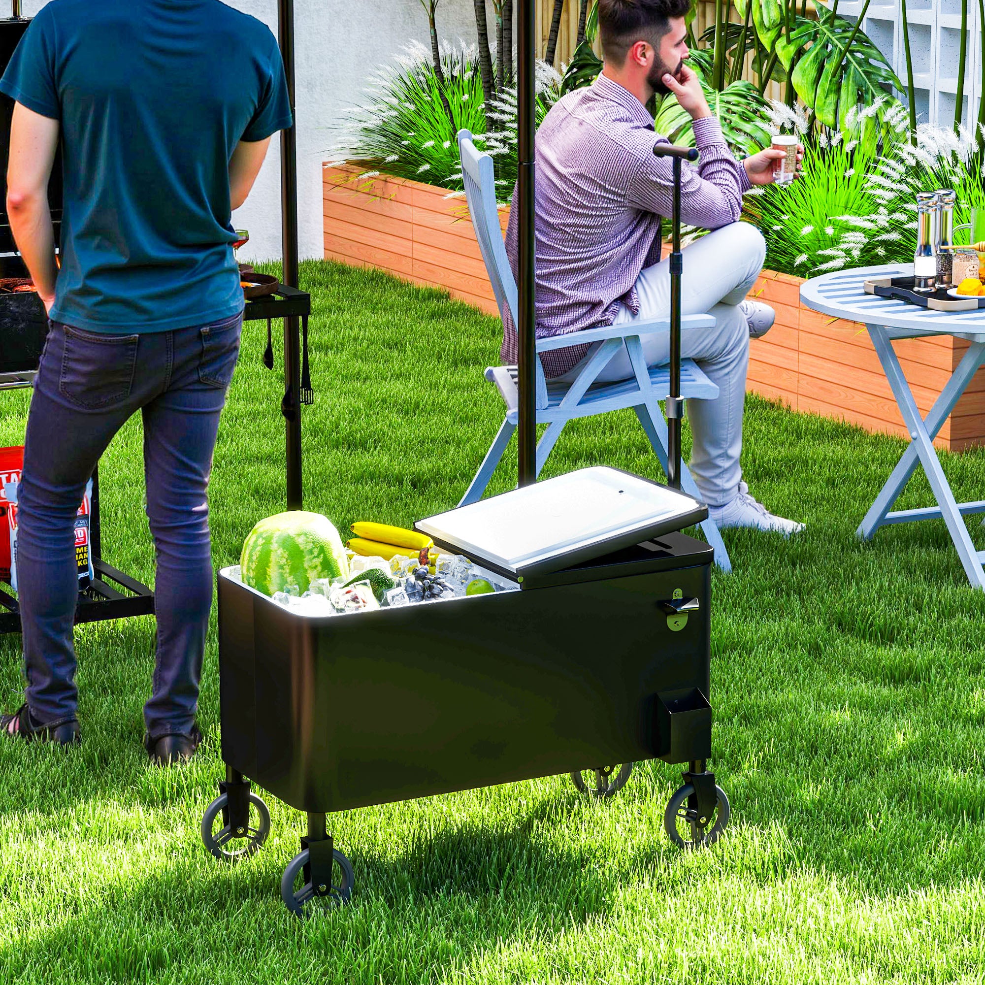 80-Qt Outdoor Patio Cooler Cart, Rolling Ice Chest with Adjustable Handle, Wheels, Bottle Opener, Drainage, Outdoor Beverage Cooler Bar Cart for Party BBQ Camping, Black Cooler Boxes at Gallery Canada