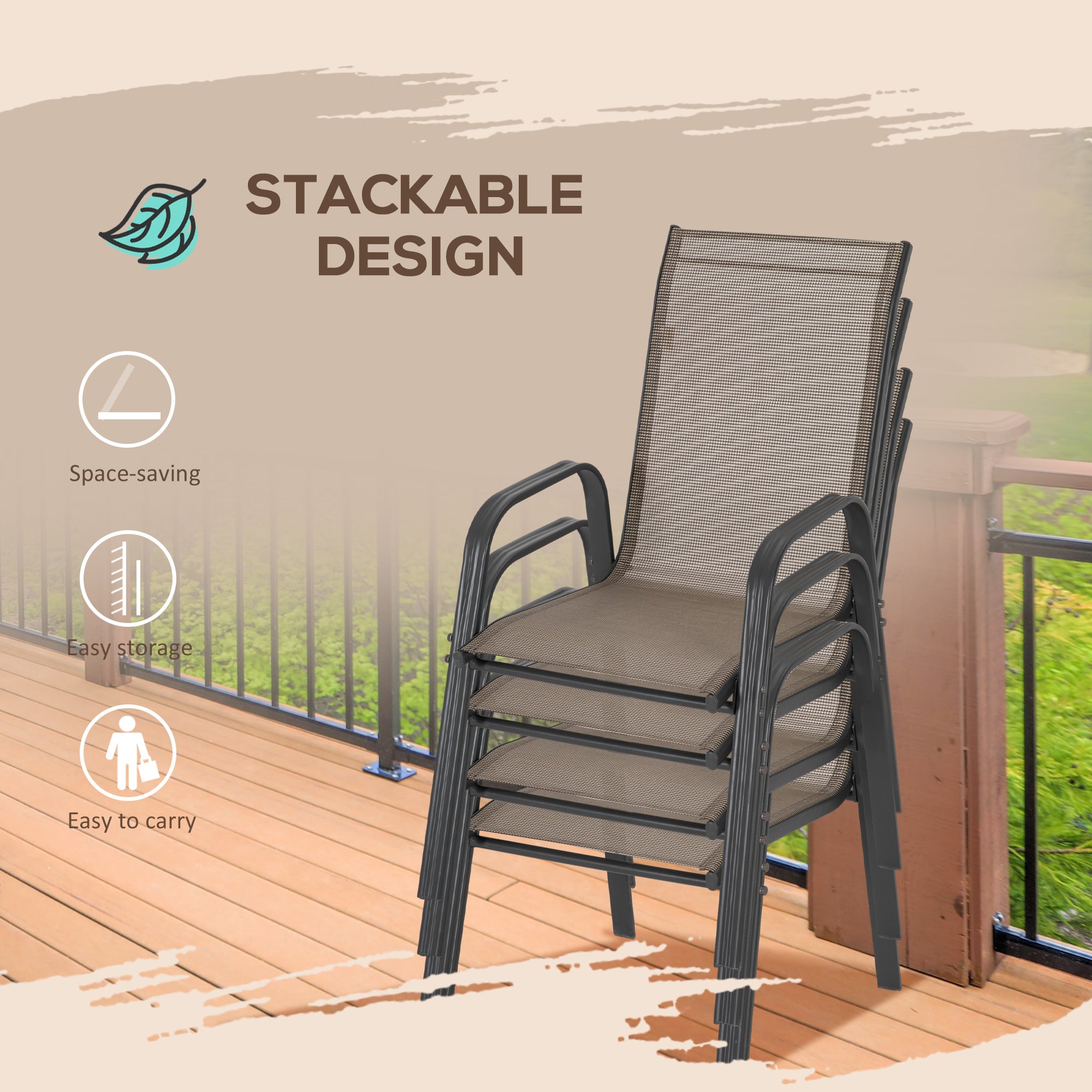Set of 4 Outdoor Dining Chairs, Heavy Duty Stackable Patio Dining Set with Armrests for Balcony Garden, Grey Patio Chairs at Gallery Canada