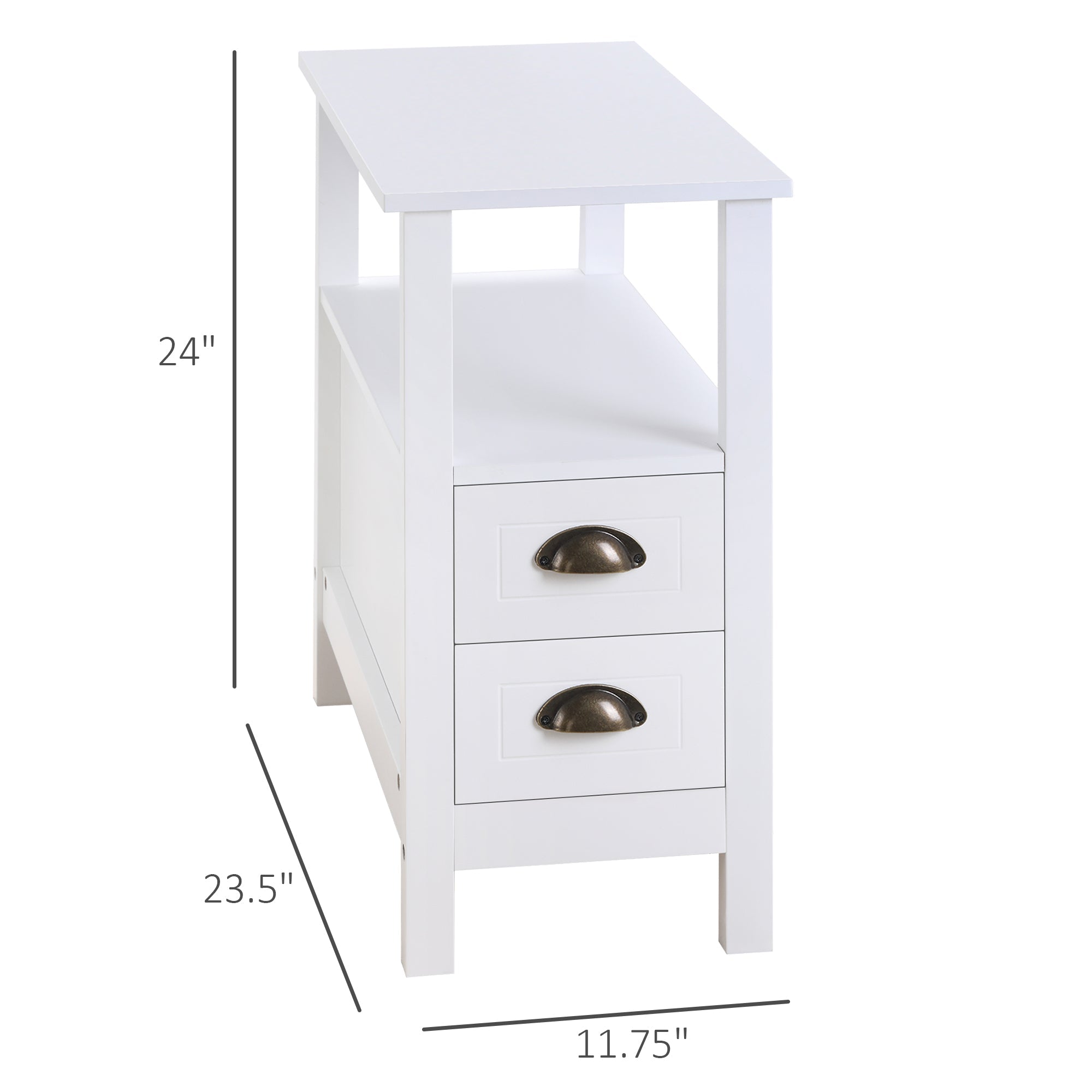 Slim End Table with 2 Drawers and Storage Shelf, Sofa Side Table for Living Room, Narrow Nightstand, White Side Tables   at Gallery Canada