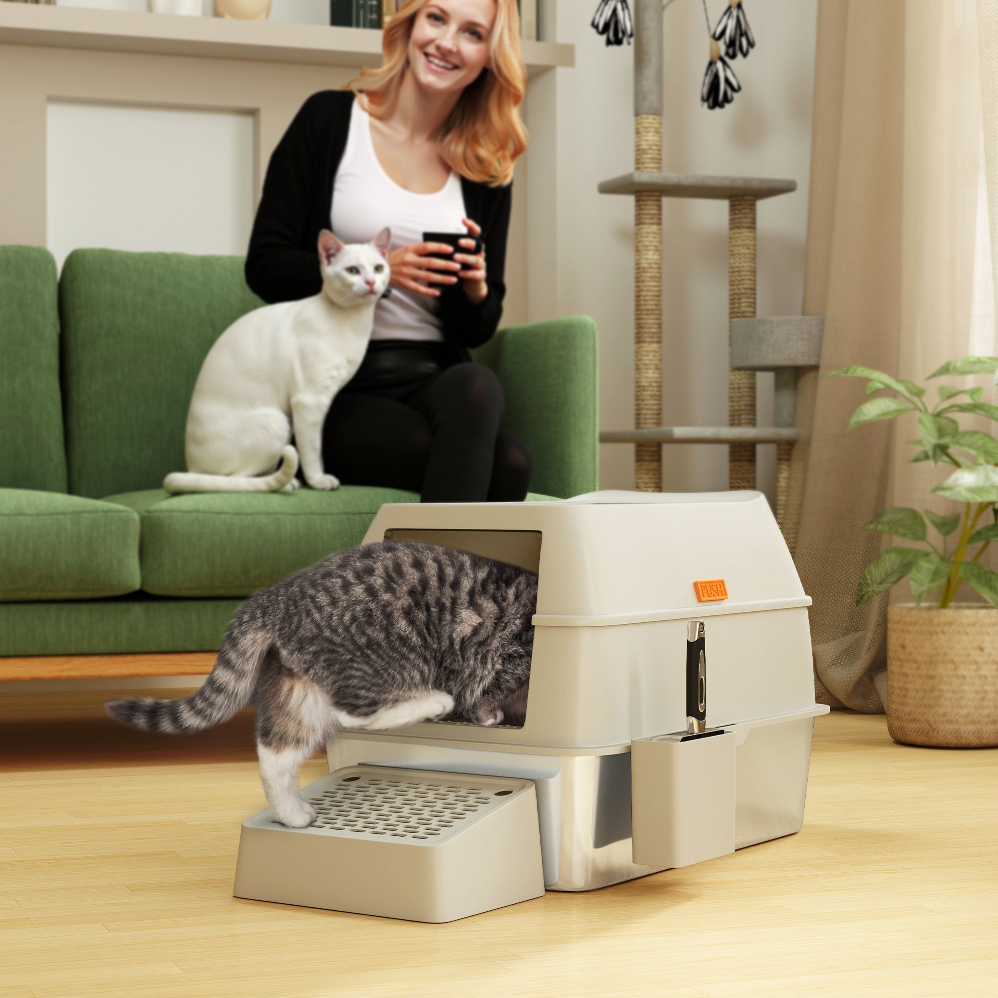 Stainless Steel Cat Litter Box with Lid, High Sided, Scoop, Easy Clean, Non-Sticky &; Anti-Leakage, Light Grey Cat Litter Box Enclosures at Gallery Canada
