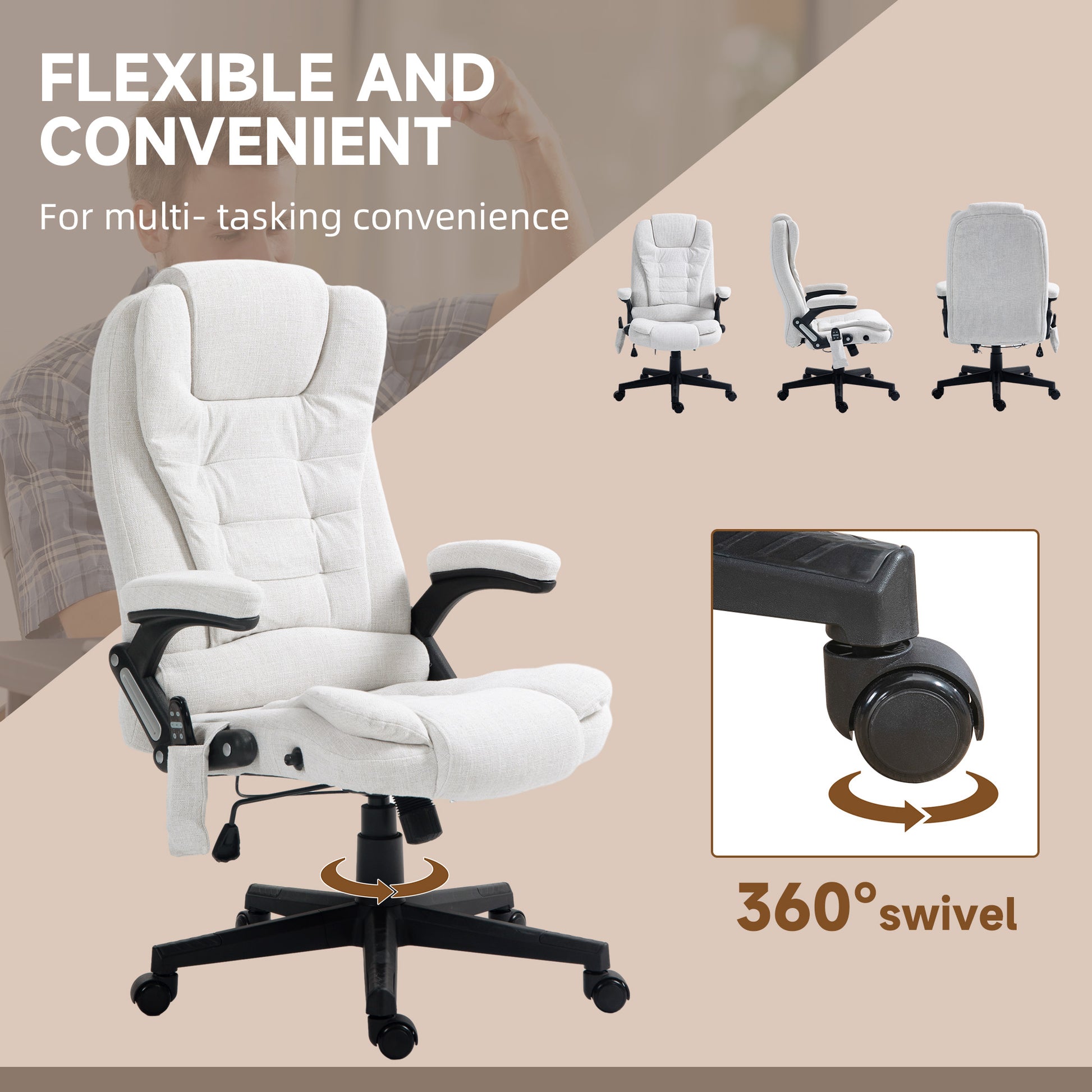 6 Point Vibrating Massage Office Chair High Back Executive Chair with Reclining Back, Swivel Wheels, White Massage Chairs   at Gallery Canada