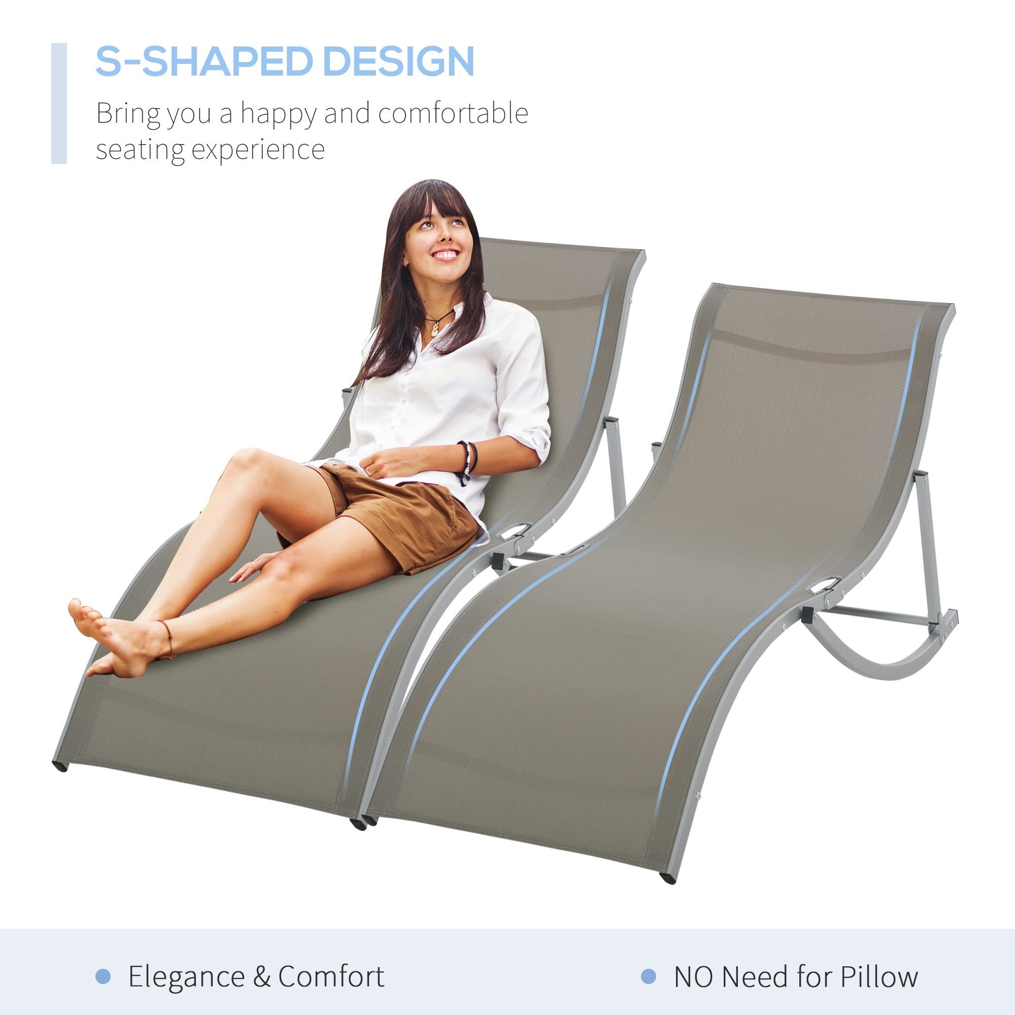 Set of 2 Foldable S-Shaped Outdoor Chaise Lounge Chairs, 264lbs Capacity, Light Grey Lounger Chairs   at Gallery Canada