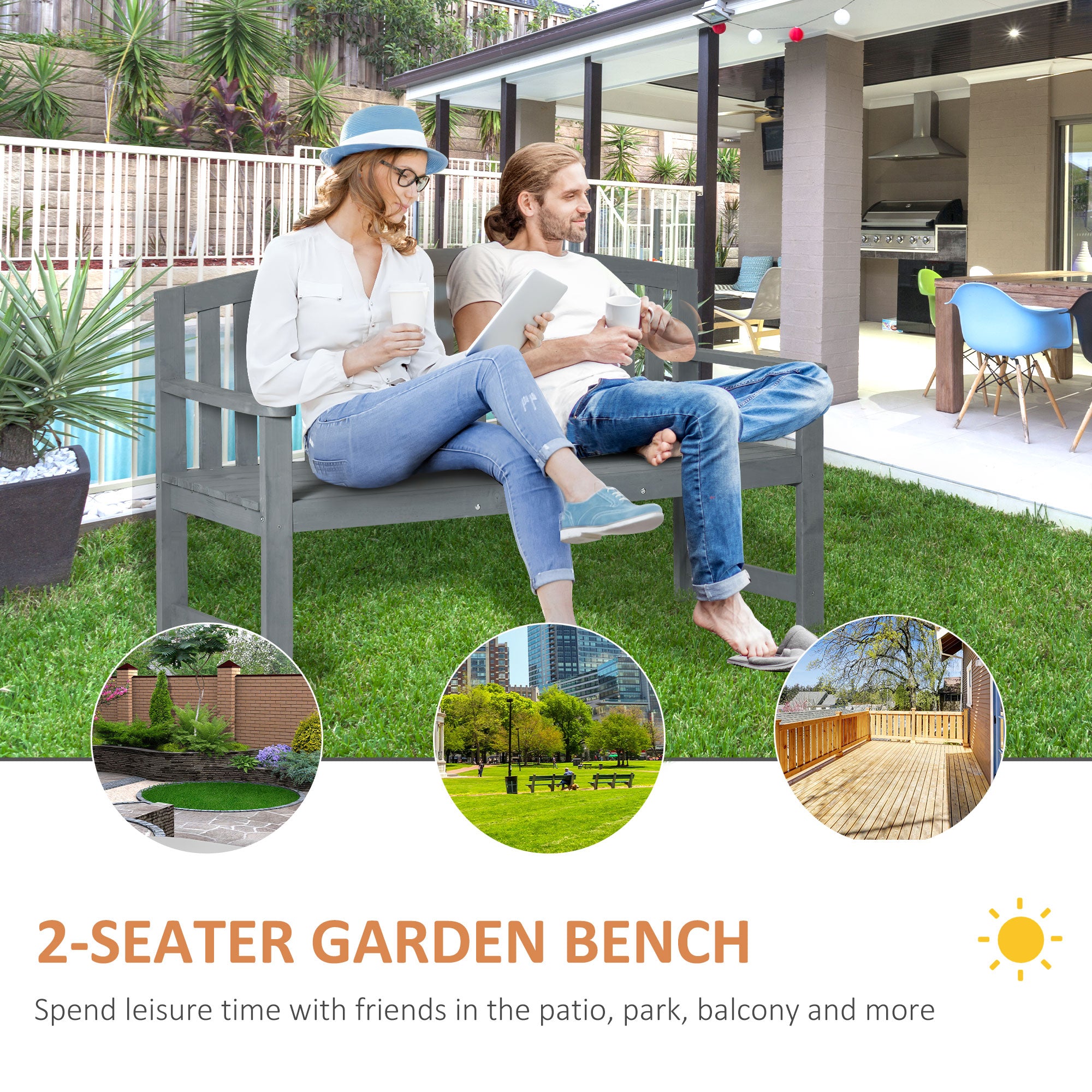 Wooden Bench, Outdoor Bench with Slatted Design, Backrest, Armrests for Garden, Park, Backyard, Grey Outdoor Benches   at Gallery Canada