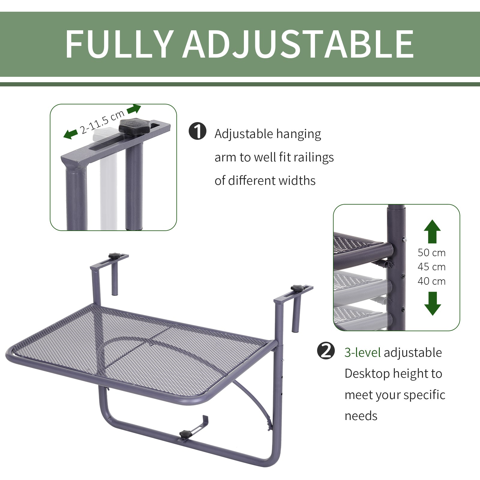 Adjustable Balcony Hanging Railing Table, Metal Mounting Mini Wall Desk Storage Rack, Outdoor Flower Stand Serving Table Rectangle, Grey Balcony Table Hanging at Gallery Canada