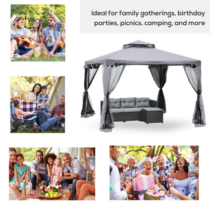 9.6' x 9.6' Patio Gazebo Outdoor Pavilion 2 Tire Roof Canopy Shelter Garden Event Party Tent Yard Sun Shade Steel Frame w/ Mosquito Netting Grey Gazebos   at Gallery Canada