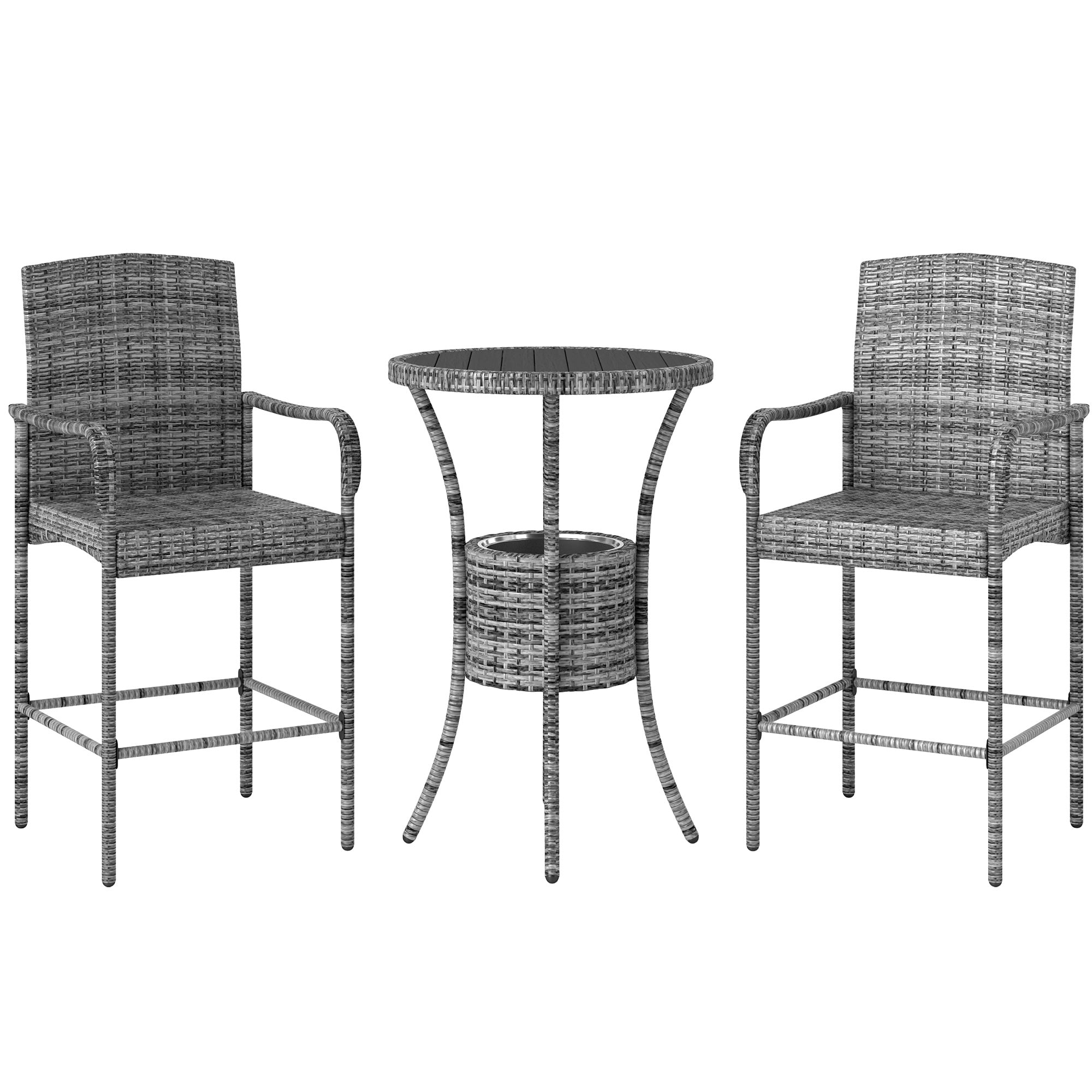 3 Pieces Patio Bar Set, Rattan Bistro Table and Chairs, Outdoor Conversation Furniture Set with Ice Bucket, Mixed Grey Bistro Sets at Gallery Canada