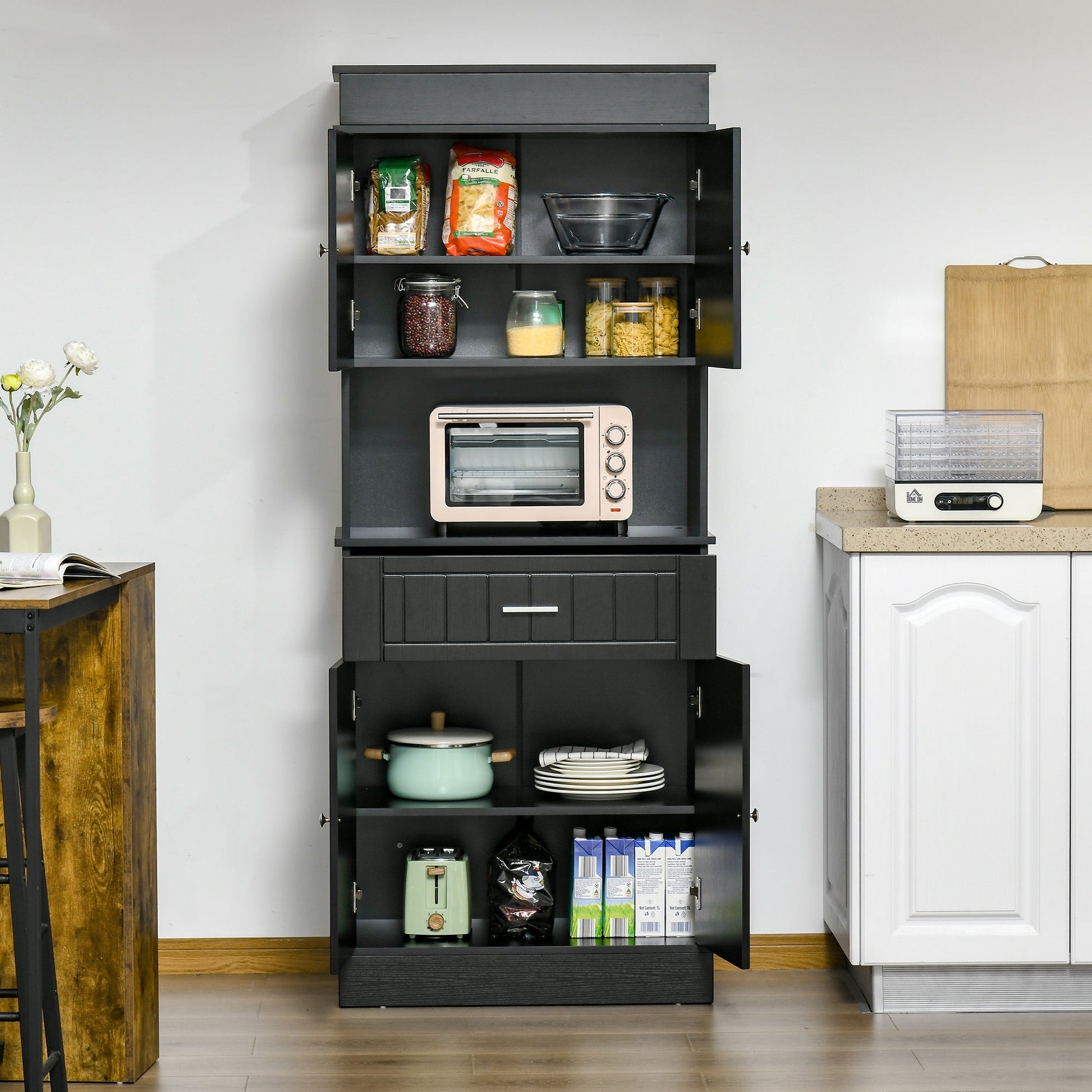 Freestanding 72" Kitchen Pantry Cabinet with Hutch, Adjustable Shelf, Black Kitchen Pantry Cabinets   at Gallery Canada