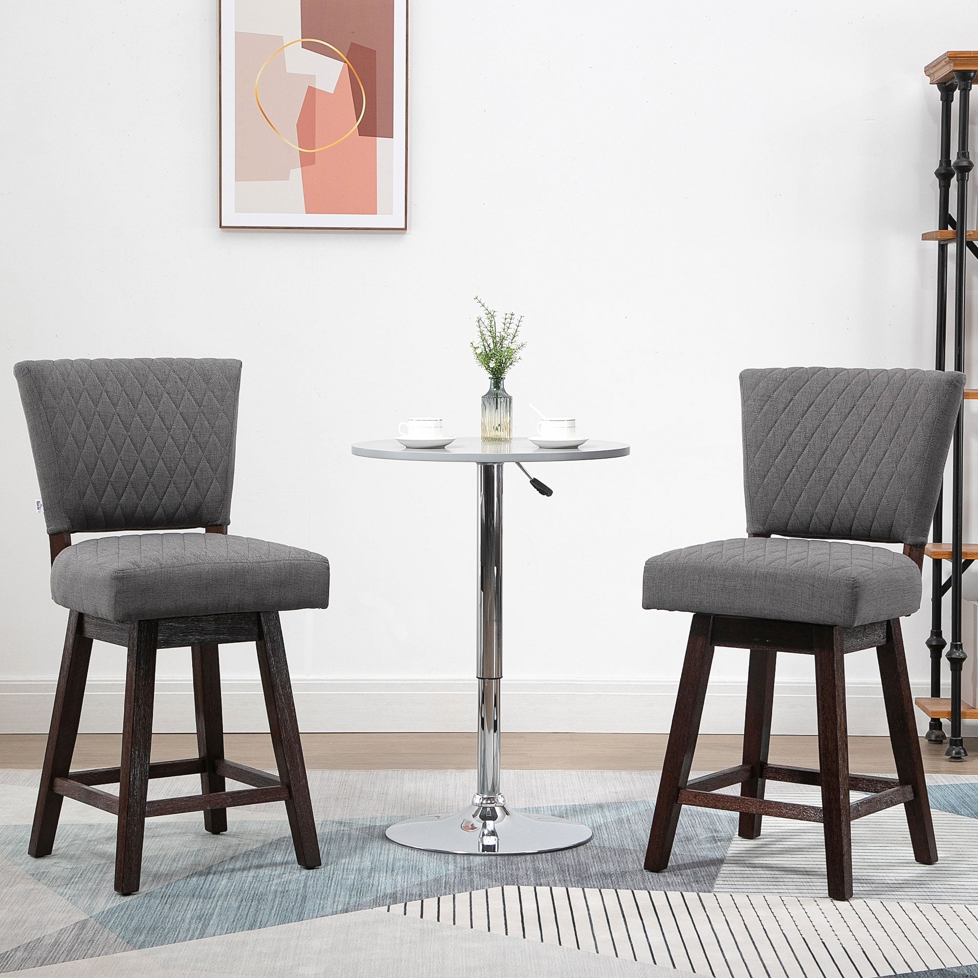 Swivel Bar Stools Set of 2, Counter Height Barstools with Back, Rubber Wood Legs and Footrests, for Kitchen, Dining Room, Pub, Dark Grey Bar Stools   at Gallery Canada