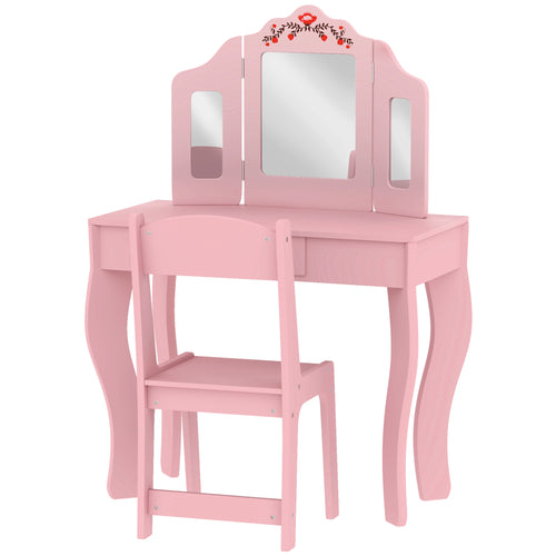 Kids Vanity Set, Dual-Use Dressing Table with Removable Tri-Folding Mirror and Drawer, for Ages 3-8, Pink