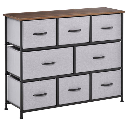 8-Bin Dresser, 3-Tier Fabric Chest of Bins, Storage Tower Organizer Unit with Steel Frame Wooden Top for Living Room, Hallway, Grey