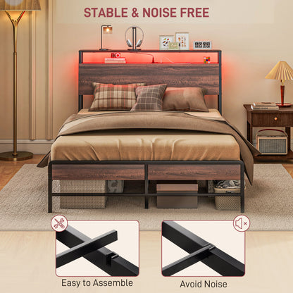 Full Size Bed Frame with LED Lights and Charging Station, Full Bed Frame with Storage Headboard, Noise-Free, Walnut Bedroom Furniture   at Gallery Canada