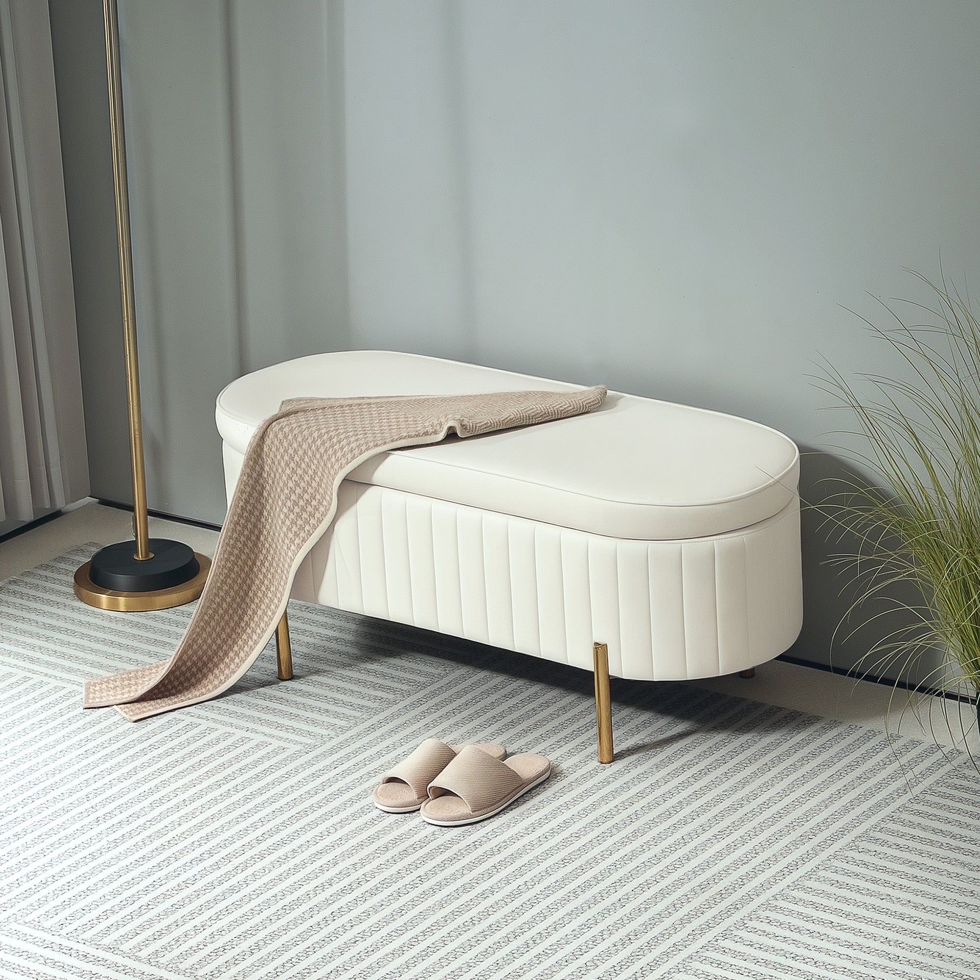 Upholstered Bedroom Bench, Channel Tufted Ottoman Bench with Thick Padding and Metal Legs, Cream White Storage Ottomans & Benches at Gallery Canada